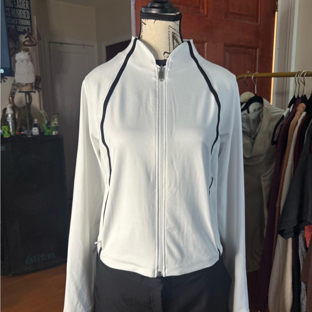 Athleta White Bomber Jacket with Black Trim